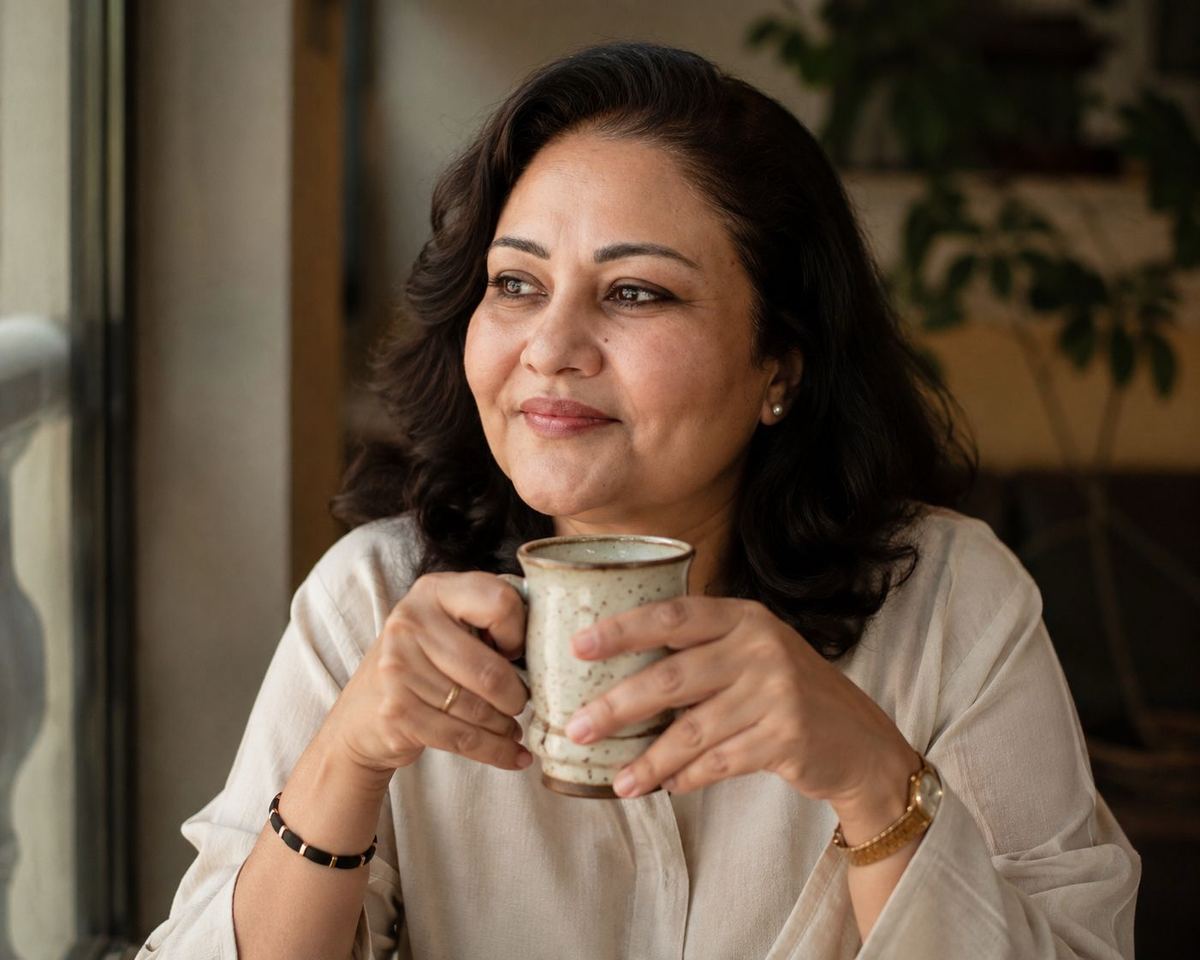 A woman sitting quietly with a cup of tea, looking out of a window