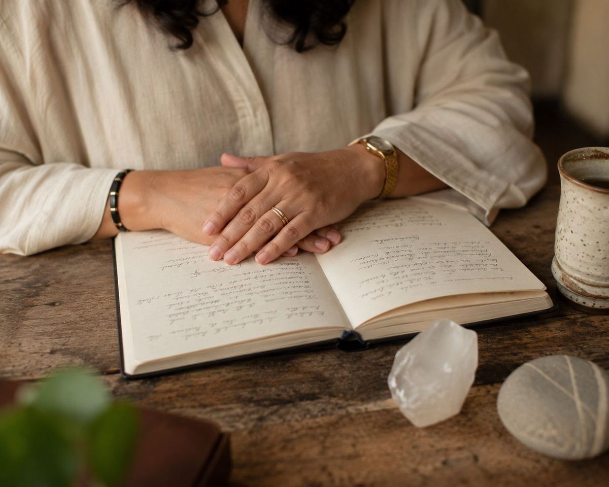 Hands resting on an open journal beside a crystal and a cup of tea