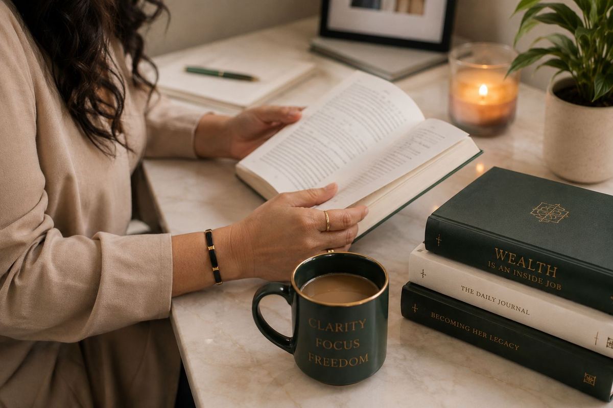 Hands holding an open book beside a mug reading Clarity, Focus, Freedom